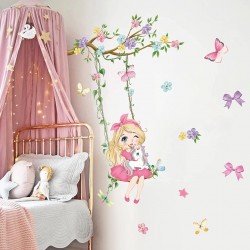 Sticker decorativ, Fetita cu leagan si unicorn, 90 cm, 1139STK