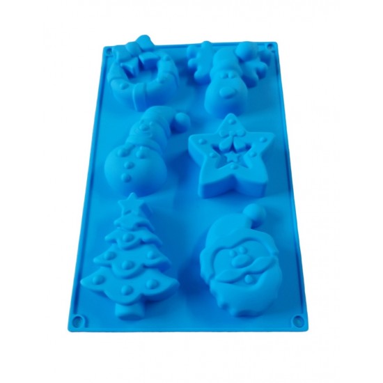 Forma silicon pentru prajituri, Tema Craciun, 6 cavitati, Albastru, 27 cm, 478COF