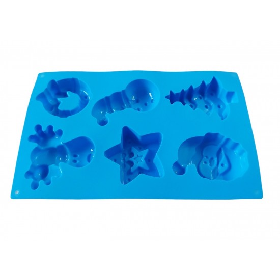 Forma silicon pentru prajituri, Tema Craciun, 6 cavitati, Albastru, 27 cm, 478COF