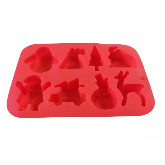 Forma silicon pentru prajituri, Tema Craciun, 8 cavitati, Rosu, 20 cm, 483COF