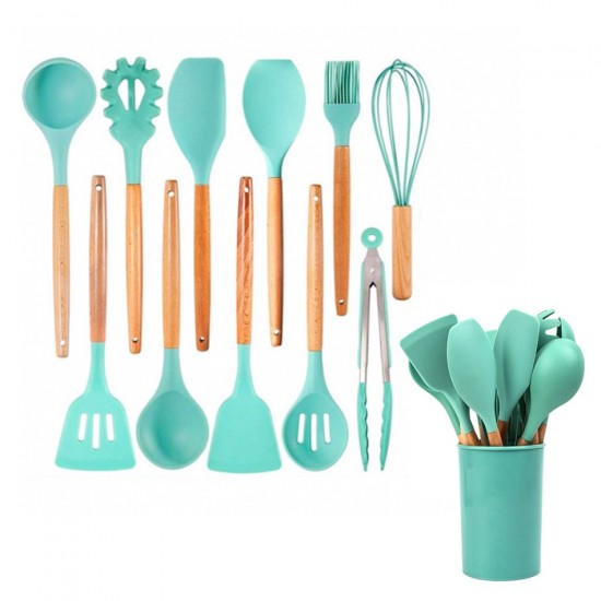 Set ustensile bucatarie 12 piese din Silicon cu lemn, Turcoaz, 30 cm, 500COF Set ustensile bucatarie 12 piese din Silicon cu lemn, Turcoaz, 30 cm, 500COF