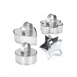 Forme prajituri inima, stea, floare, rotund cu pasator, pentru patiserie, bucatarie si plating, inox, 528COF
