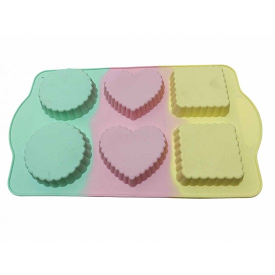 Forma din silicon pentru prajituri si tarte, model patrat, inima, rotund, termorezistenta, 6 cavitati, 533COF