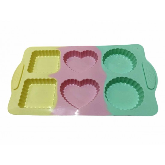 Forma din silicon pentru prajituri si tarte, model patrat, inima, rotund, termorezistenta, 6 cavitati, 533COF
