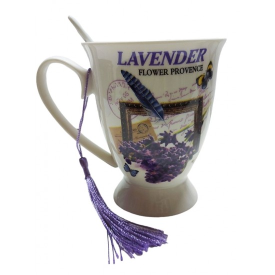 Cana din ceramica cu lingurita, Model cu lavanda, Mov, DO116G