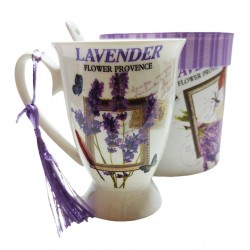 Cana din ceramica cu lingurita, Model cu lavanda, Mov, DO116G-A