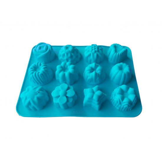 Forma silicon 12 cavitati, Pentru prajituri, Albastru, 32 cm, 229COF