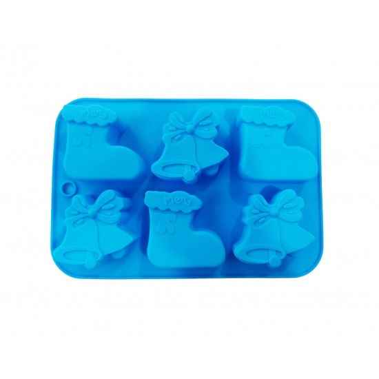 Forma silicon 6 cavitati, Tema Sarbatori de iarna, Pentru prajituri sau Briose, Albastru, 26 cm, 237COF