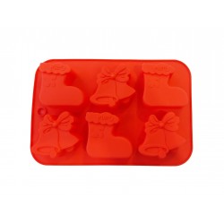 Forma silicon 6 cavitati, Tema Sarbatori de iarna, Pentru prajituri sau Briose, Rosu, 26 cm, 238COF