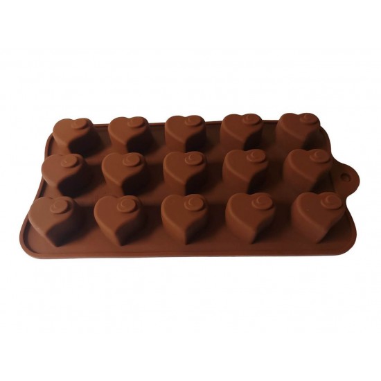 Forma silicon pentru bomboane in forma de inima, 15 cavitati, Maro, 19 cm, 436COF