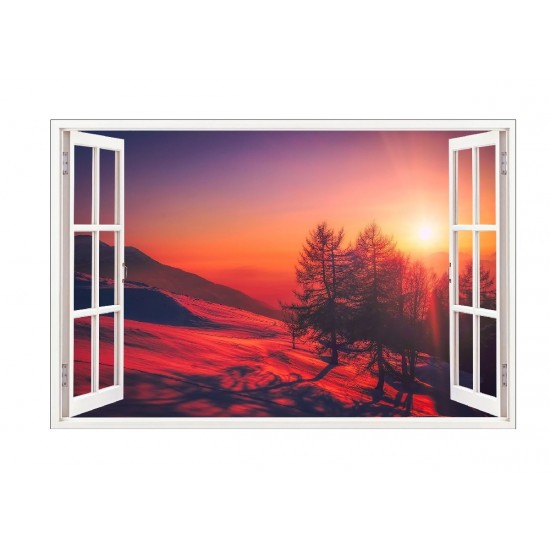 Sticker decorativ, Fereastra 3D, Peisaj de munte, Apus, 85 cm, 582STK