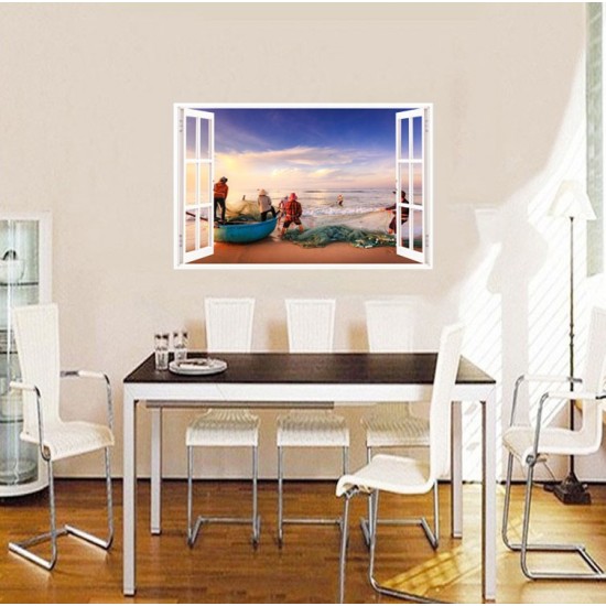 Sticker decorativ, Fereastra 3D, Pescari, Vietnam, 85 cm, 587STK