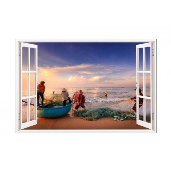 Sticker decorativ, Fereastra 3D, Pescari, Vietnam, 85 cm, 587STK