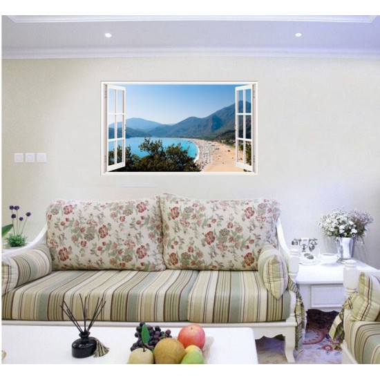 Sticker decorativ, Fereastra 3D, Plaja, 85 cm, 576STK Sticker decorativ, Fereastra 3D, Plaja, 85 cm, 576STK
