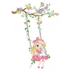 Sticker decorativ, Fetita cu leagan si unicorn, 90 cm, 1139STK