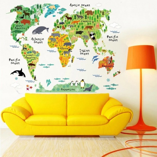 Sticker decorativ, Harta lumii a animalelor, 140 cm, 750STK