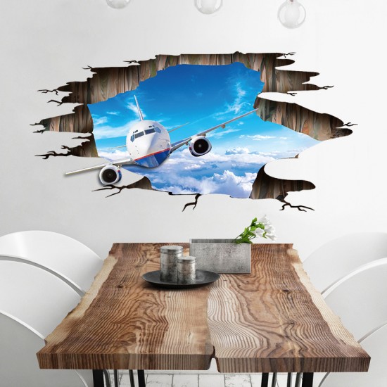 Sticker decorativ 3D, Gaura in perete, avion pe cer 115 cm, 97STK Sticker decorativ 3D, Gaura in perete, avion pe cer 115 cm, 97STK