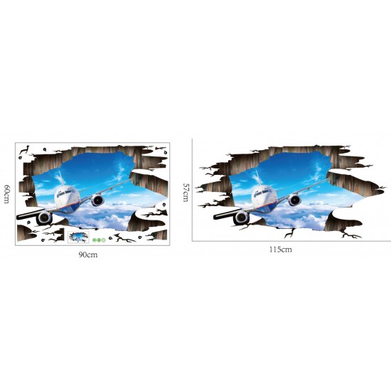 Sticker decorativ 3D, Gaura in perete, avion pe cer 115 cm, 97STK Sticker decorativ 3D, Gaura in perete, avion pe cer 115 cm, 97STK