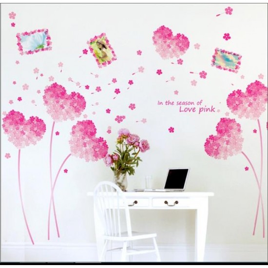 Sticker  decorativ,  flori roz in forma de inima cu 2 rame foto, 185 cm, 92STK