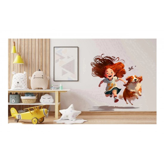 Sticker decorativ, Fetita si Catelul, Portocaliu, 65 cm, 1294STK-1 Sticker decorativ, Fetita si Catelul, Portocaliu, 65 cm, 1294STK-1