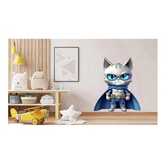 Sticker decorativ, Pisica Supererou, Gri, 70 cm, 1318STK-5