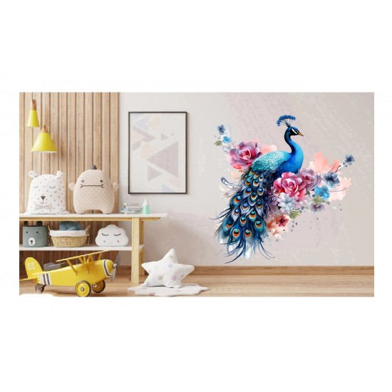 Sticker decorativ, Paun, Albastru, 62 cm, 1345STK