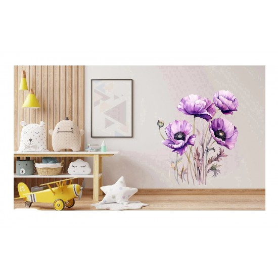 Sticker decorativ, Buchet de Flori Maci, Mov, 65 cm, 1350STK-2