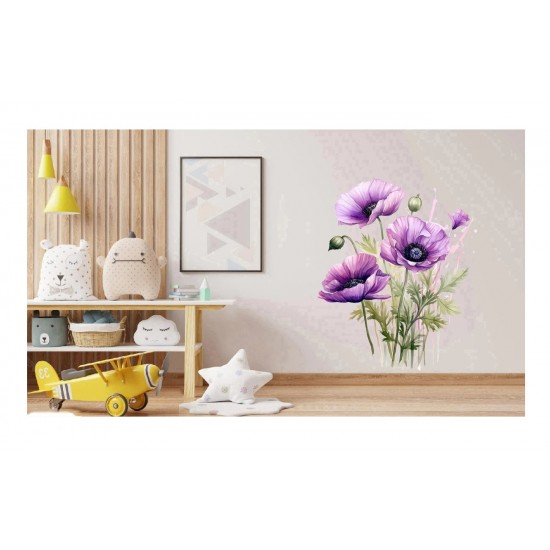 Sticker decorativ, Buchet de Flori Maci, Mov, 74 cm, 1350STK-3