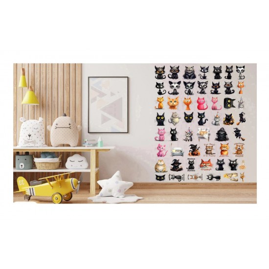 Sticker decorativ, Colaj cu Pisicute, 53 stickere, Negru, 1366STK-13