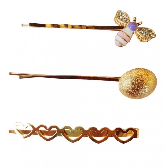 Set 3 agrafe de par, Inima, Rotund, Albina, 6 cm, Auriu, 34BJ Set 3 agrafe de par, Inima, Rotund, Albina, 6 cm, Auriu, 34BJ