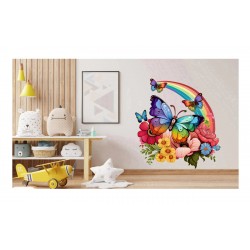 Sticker decorativ, Fluture, Curcubeu si Flori, Multicolor, 68 cm, 1210STK-3